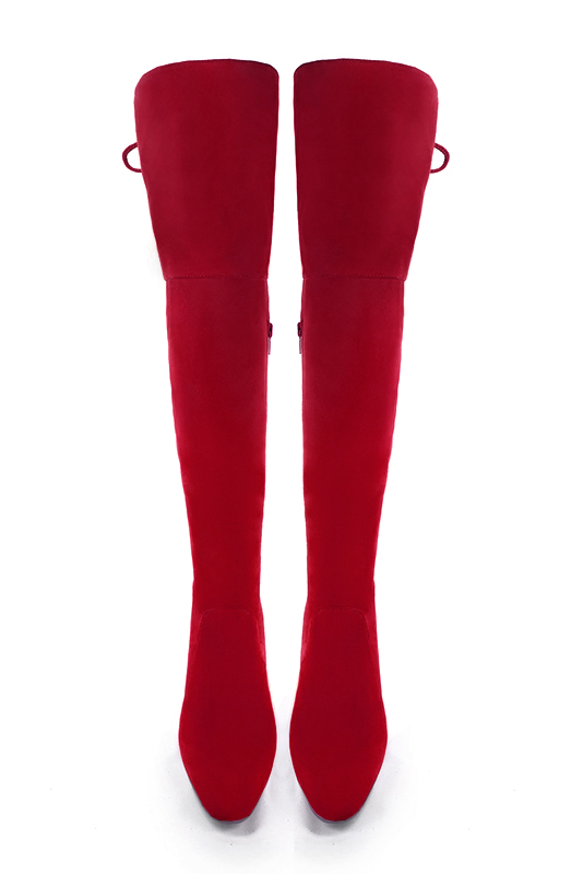 Cardinal red women's leather thigh-high boots. Round toe. High block heels. Made to measure. Top view - Florence KOOIJMAN